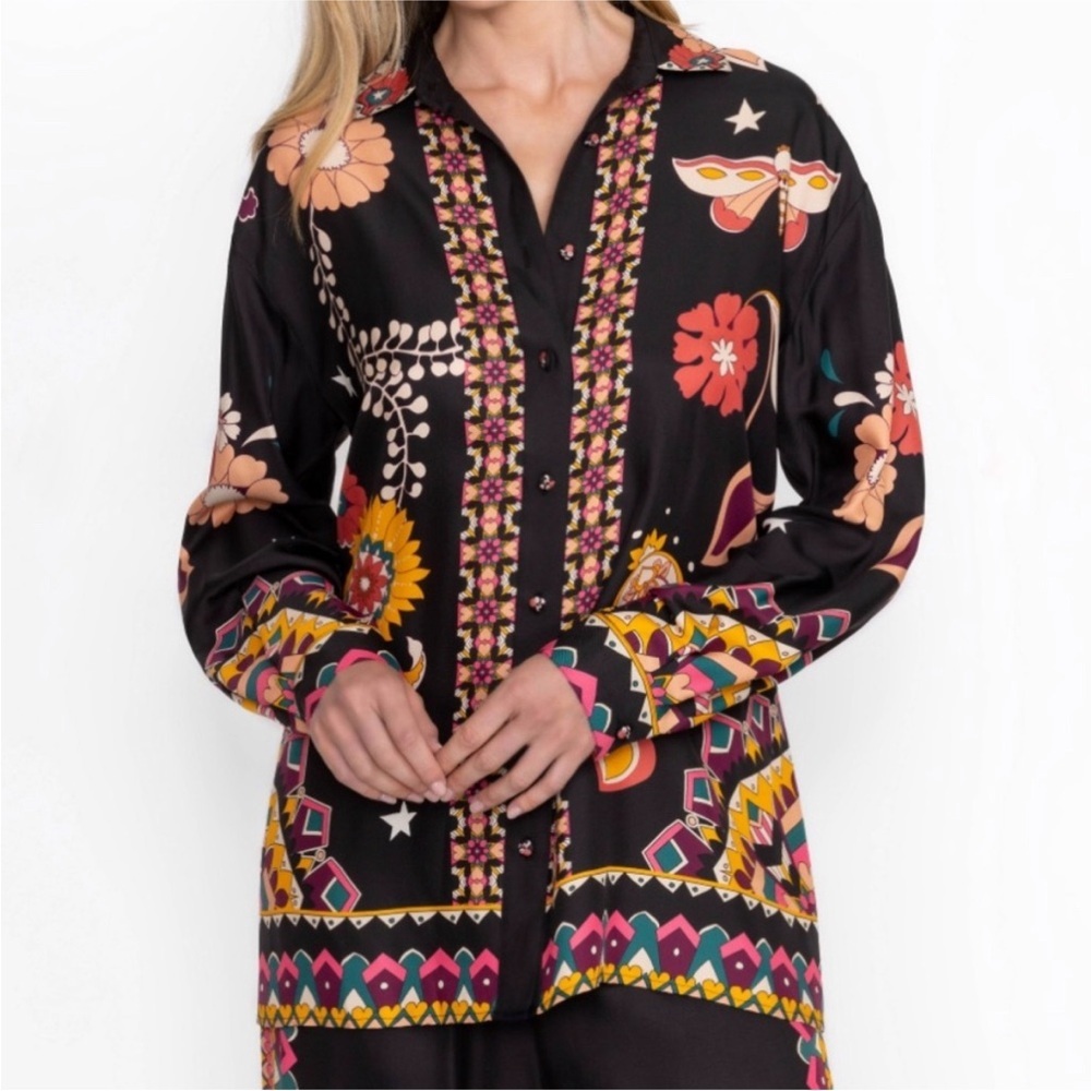 Johnny Was JADE silk blend floral Rosalynda Button Down Shirt blouse NEW